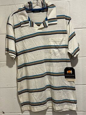 Horizon men’s polo shirt beige blue striped chest pocket size L